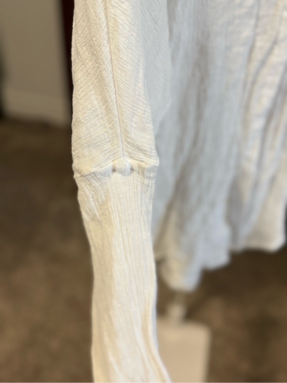 White Crinkle Gauze Button Front Beach Cover Up Shirt - Picture 5 of 7